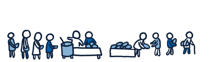 Illustration: zehn abstrakte Figuren: vier stehen mit Schüsseln in einer Reihe vor einem großen Suppentopf und warten, dass sie von den zwei Figuren hinter einem Tisch ausgeteilt wird. Eine Figur hat drei weitere Figuren bereits mit Brot versorgt.