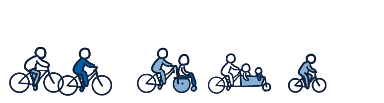 Illustration: acht abstrakte Figuren auf einer Radtour. Fünf fahren Rad, eine hat zwei Kinder im Lastenrad, eine fährt ein Rollstuhl-Rad-Tandem.